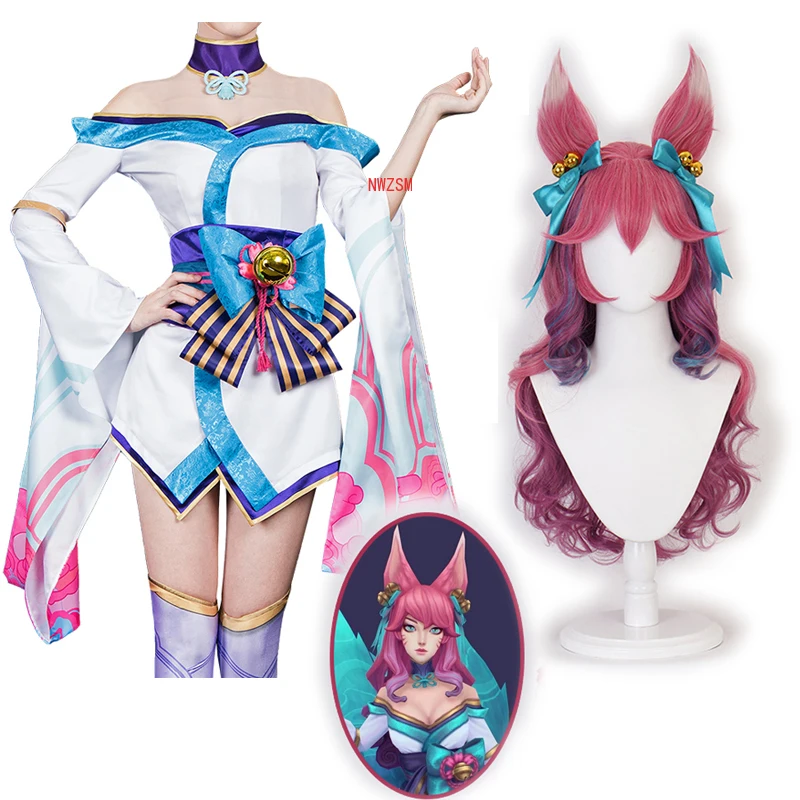 2020 игра Ahri Косплей Костюм LOL Дух цветок парики девятихвостый Лисичка костюм на