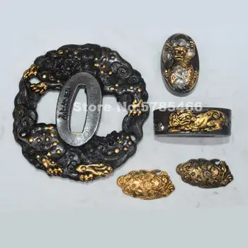 

A Set Plated Gold & Silver Copper Bronze Lion Guard Tsuba Menuki Fuchi Kashira For Japanese Samurai Sword Katana Wakizashi