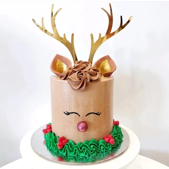 

2pcs/set Merry Christmas Acrylic Cake Toppe Gold Silver Deer Elk Antlers Cupcake Topper For Xmas Party Cake Decorations 2020