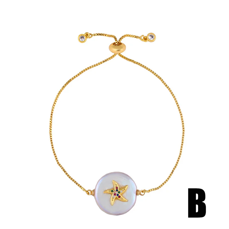 Модные дизайнерские геометрические круглые браслеты с натуральным абалоном, большие жемчужины, Красочные CZ браслеты с сердечками и звездами, золотые браслеты на цепочке, вечерние ювелирные изделия - Окраска металла: Star
