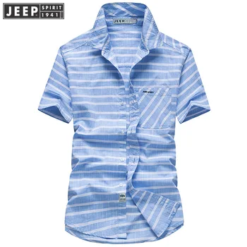 

JEEP SPIRIT Fashion Summer Shirt Men Striped Short Sleeves Turn Down Collar Camisa Masculina Casual Cotton Breathable Men Shirts