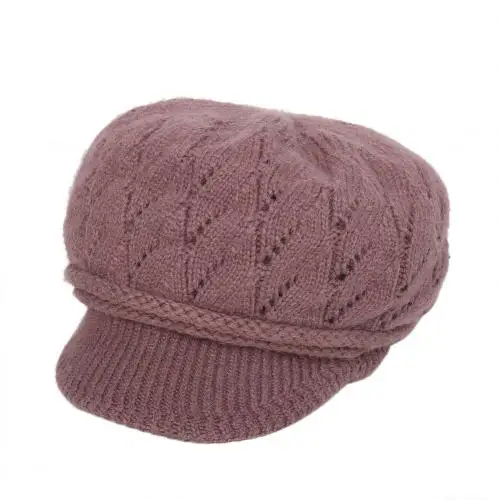 Light Purple Женская зимняя эластичная вязанная кепка Newsboy, Одноцветный плотный теплый берет с козырьком, шапка с геометрическим рисунком, шапка из кроличьей шерсти, Рождественская шапка - Цвет: Light Purple