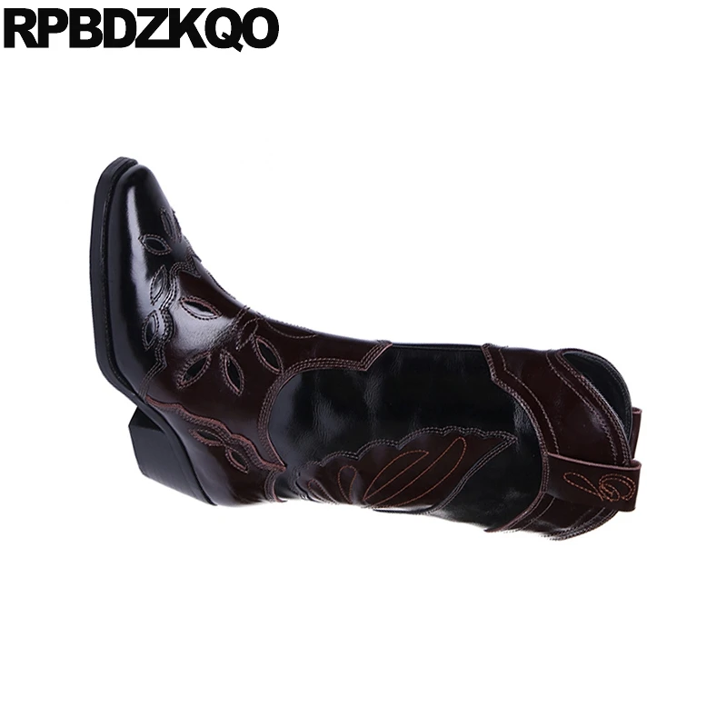 embroidered high quality western boots cowboy patent leather chunky shoes embroidery women black square toe cowgirl slip on heel