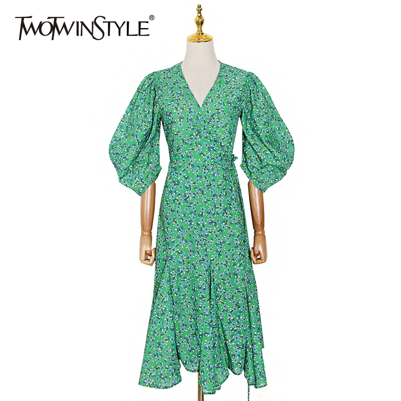 TWOTWINSTYLE Print Hit Color Elegant Dress For Women V Neck Puff Sleeve Ruched Irregular Hem Dresses Female 2020 Summer New Tide TWOTWINSTYLE Print Hit Color Elegant Dress For Women V Neck Puff Sleeve Ruched Irregular Hem Dresses Female 2020 Summer New Tide