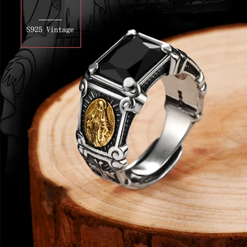 

New Vintage Real 925 Sterling Silver Black Stone Ring Man Women Virgin Mary Rings Cubic Zirconia Onyx Jewelry Open Size Anillo