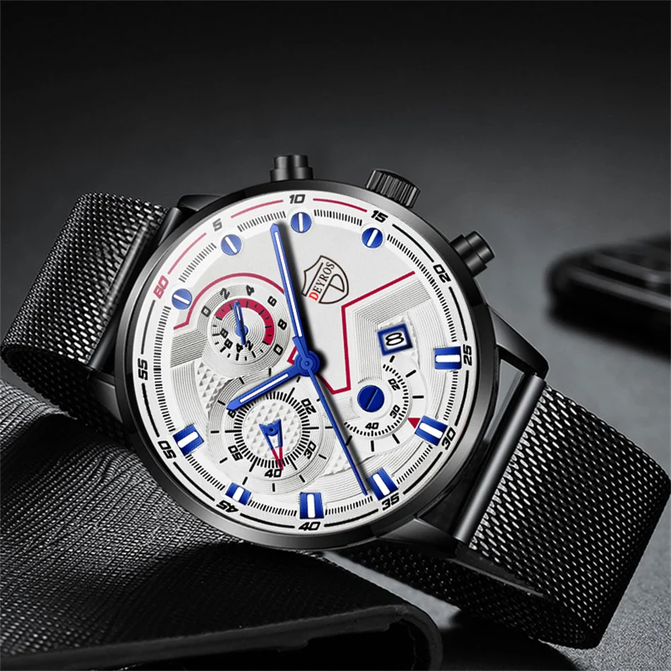 часы мужские Luxury Mens Quartz Stainless Steel Mesh Belt Casual Watches Men Leather Business Date Luminous Watch reloj hombre