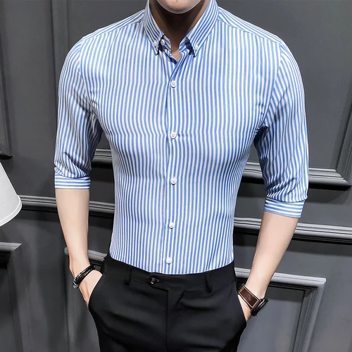 YASUGUOJI новые модели рубашек летний деловой Повседневный стиль мужской пуловер три четверти рукав рубашка для мужчин Camisas Para Hombre - Цвет: light blue CS73