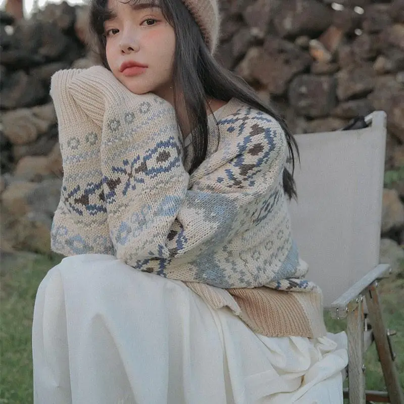 Women Long Sleeve Korean Style Open Stitch V-Neck Knitted Sweater Lady Casual Print Cardigan Outwear