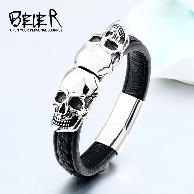 Beier 316L stainless steel Punk Double Skull Men's High Quality Leather Bracelet Party Fashion Jewelry Free Shipping LLBC-L024L