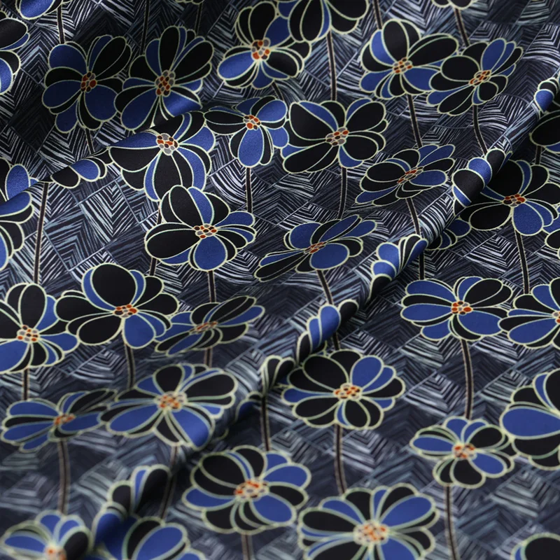 108 см шириной 19 мм 93% шелк и 7% спандекс черный синий цветочный принт стрейч шелк атлас Ткань для платья Cheongsam рубашка куртка B178