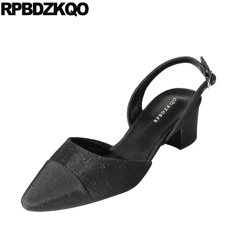

pointed toe block heels slingback strap black luxury unique ladies chunky gun color high glitter pumps medium 2019 size 4 34