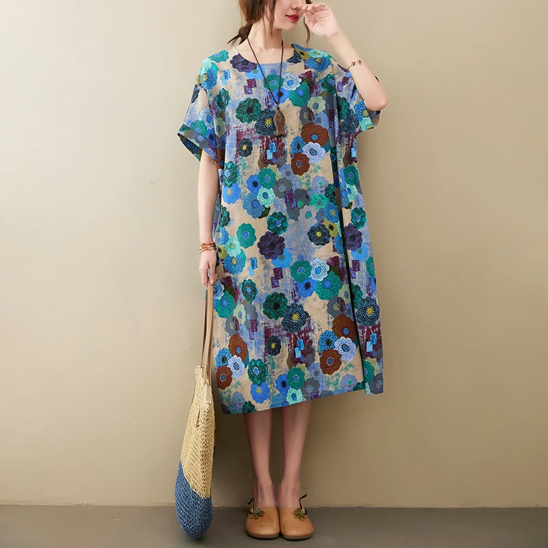 

Print Floral Vintage Dress Short Sleeve Loose Summer Dress Cotton Linen Soft Holiday Beach Style Women Casual Dress