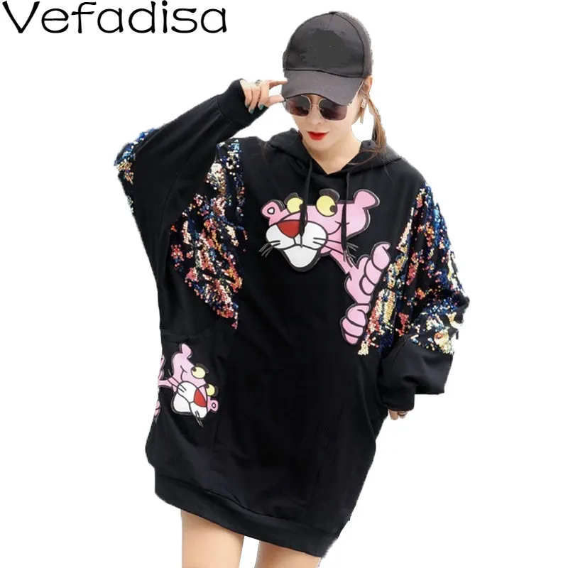 Vefadisa/толстовка с капюшоном и Рисунком Тигра; платье; Женская толстовка с блестками; черный пуловер с длинными рукавами; толстовка с карманом; ZLD561