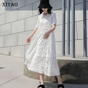 

XITAO Pleated White Plus Size Dress Women Clothes 2020 Summer New Fashion Loose Pullover Short Sleeve Elegant Dress DZL1044