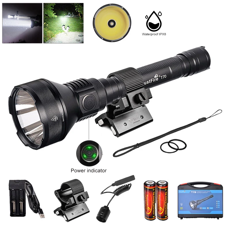 

T70 Powerful Hunting Flashlight 2300lm 1000M Waterproof IPX8 Weapon Gun Light+Rail Mount+Remote Switch+2*18650+USB Charger+Box