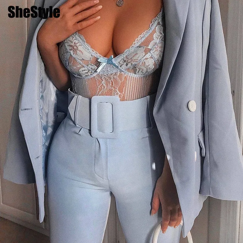 Женский Повседневный костюм с поясом shstyle брюки прямого покроя высокой талией
