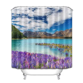 

Scenery Shower Curtain,Mountain Scenery Ocean Scene Flowers Purple and Blue Shower Curtain, Inch Waterproof Bath Curtain with