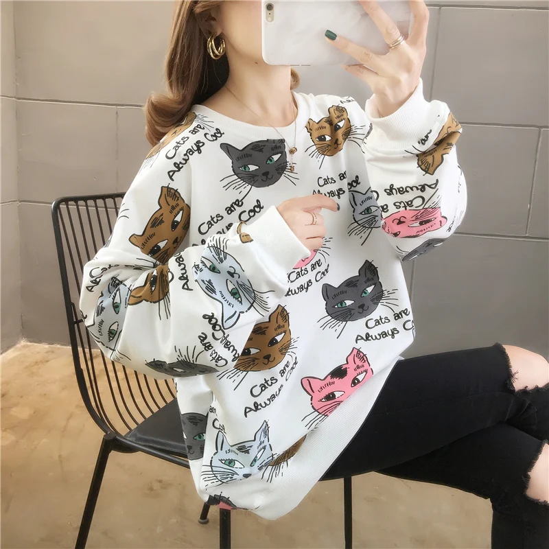 Толстовка с принтом животных Kawaii Cat; женская одежда; Весенняя хлопковая свободная толстовка с круглым вырезом и открытыми плечами с милым рисунком; тонкие пуловеры
