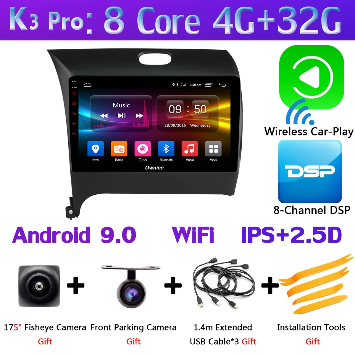 K3 Pro CarPlay 360 ° панорамный 4 × камера 4G LTE Android 9,0 4G+ 64G Автомобильный мультимедийный плеер CarPlay DSP gps радио для Kia K3 Cerato 3 Forte 2013 - Цвет: K3 Pro CarPlay