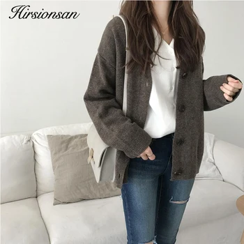 

Hirsionsan Cardigans Sweater Women Solid Color Harajuku Lazy Basic Knitted Full sleeve Button Tops Female Oversized Outwear