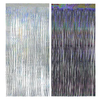 

2Packs 1.8*2M Laser Silver Black Foil Party Curtains Backdrop Wedding Birthday Graduations Party Tinsel Glitter Curtain Backdrop