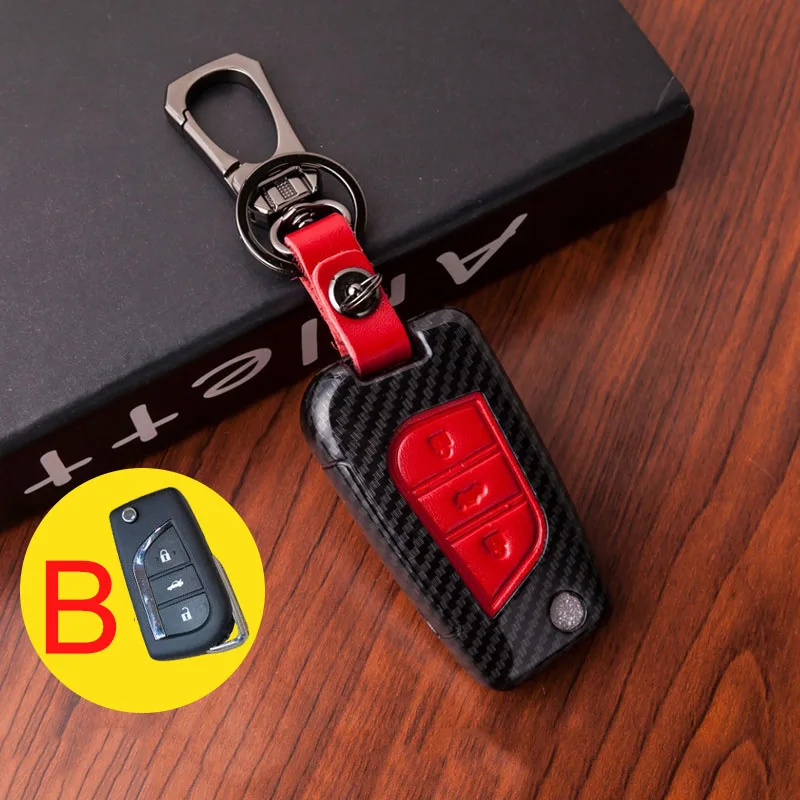 Чехол-брелок из углеродного волокна+ кожи для Toyota Corolla Rav4 Land Cruiser 200 Prado Avensis Auris Yaris Camry - Название цвета: B  Red