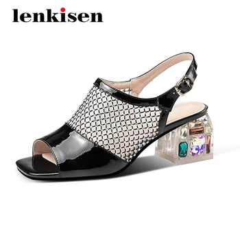 

Lenkisen large size mixed cloth fashion peep toe high square heels buckle straps office lady daily wear summer sandals women L85