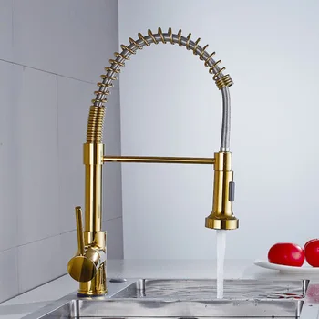 

Kitchen sink faucet Golden spring single handle single hole rotatable hot and cold water faucet