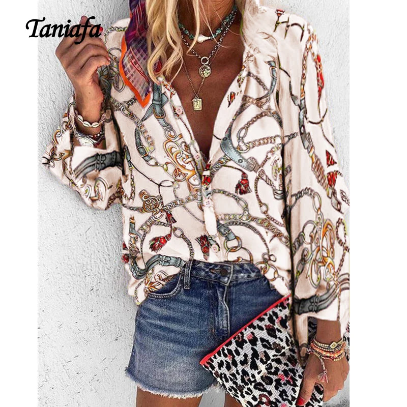 

Taniafa 2020 New Arrival Fashion Women V Neck Button Shirts Spring Summer Long Sleeve Printed Blouse Plus Size S~5XL Tops