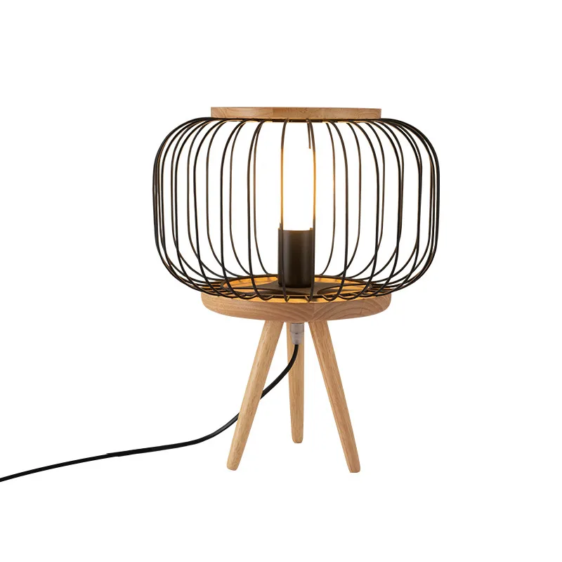 Черный Modern solid wood iron wire cage table lamp personality cafe study bedroom bedside lamps home decorative table light mx7241112 - Цвет абажура: Черный