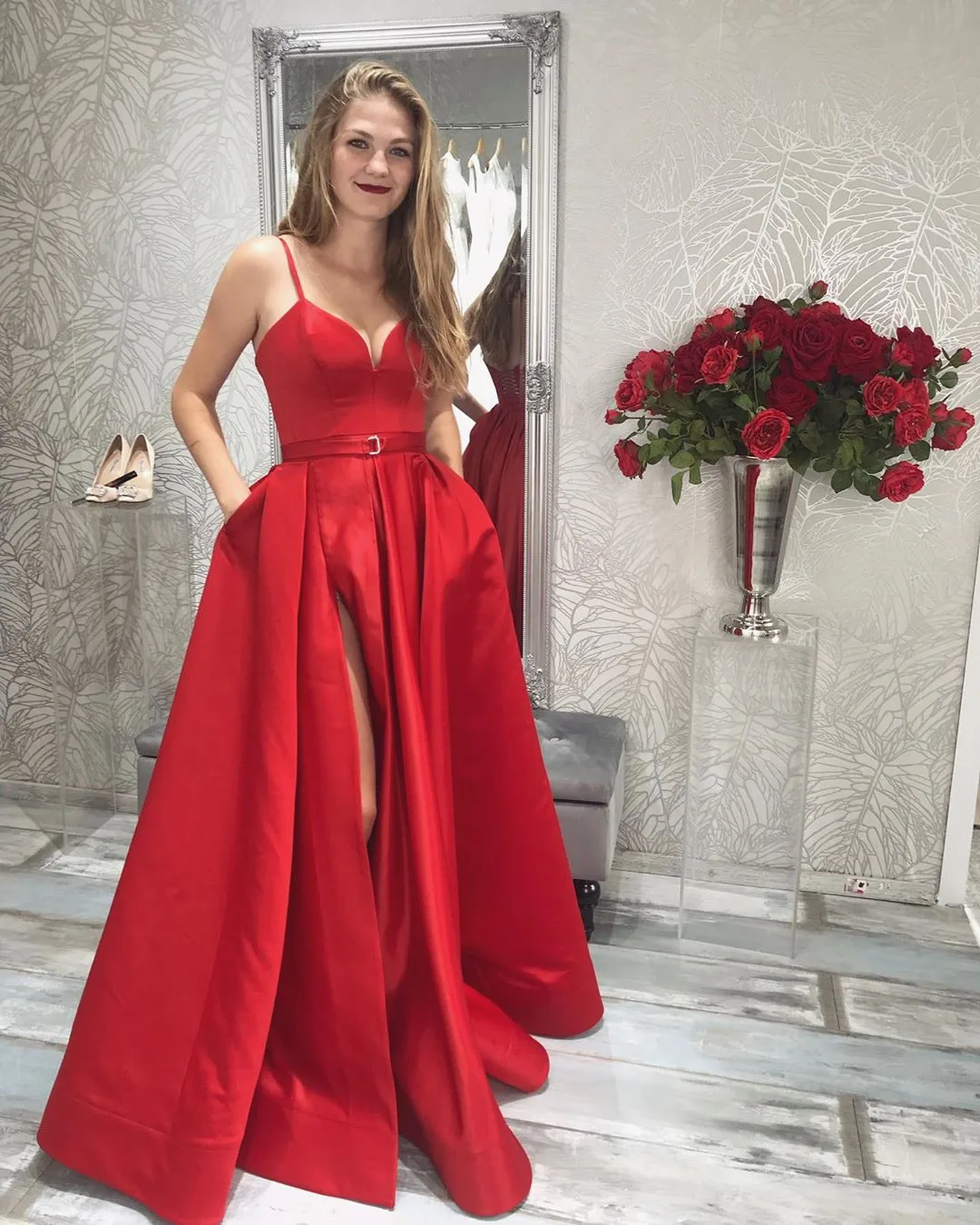 vestido de noche Red Satin Spaghetti Strap Slit Prom Dress Plus Size Women Party Gowns A Line Floor Length Evening Party Dresses dark green prom dress