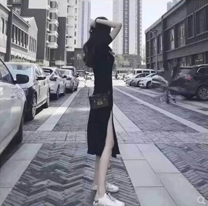 

Douyin Celebrity Style Dress Summer New Style Short Sleeve Black Slit Long Skirts Explicit Thin Scheming Dress Women's