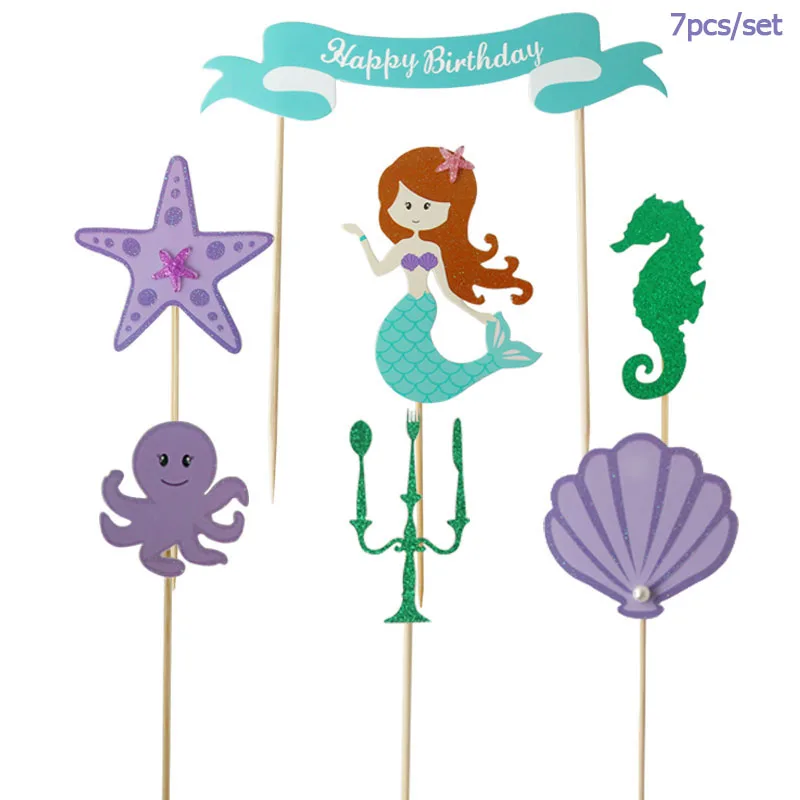 cake topper Праздничные украшения для девочек на день рождения, вечерние одноразовые столовые приборы в стиле Русалочки, принадлежности для пляжного отдыха, свадьбы, для детского душа - Цвет: cake topper