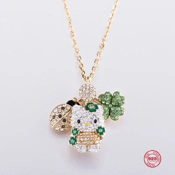 

Fashion Charm Pure 925 Silver Original 1:1 Copy, Cute Ladybug Clover Kitty Clavicle Chain Necklace Female Luxury Jewelry Gifts