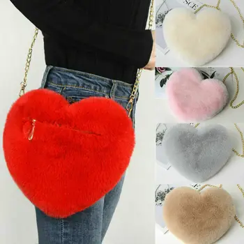 

Women Ladies Handbag Faux Fur Solid Zipper Chain Belt Heart Shape Messenger Bag Shoulder Bag