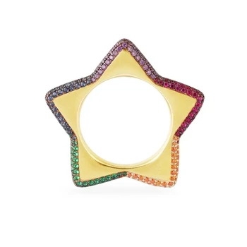 

925 Sterling Silver Sparkling Colorful crystal Rainbow Star Ring Full zircon Geometric circle Finger Ring Fashion Funny Jewelry