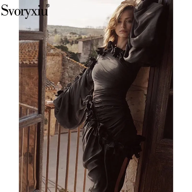 Svoryxiu, сексуальные платья с открытыми плечами, с бантом, с рюшами, облегающее платье для вечеринок, женское элегантное платье с рукавом-фонариком, Осень-зима, подиумное Черное мини-платье