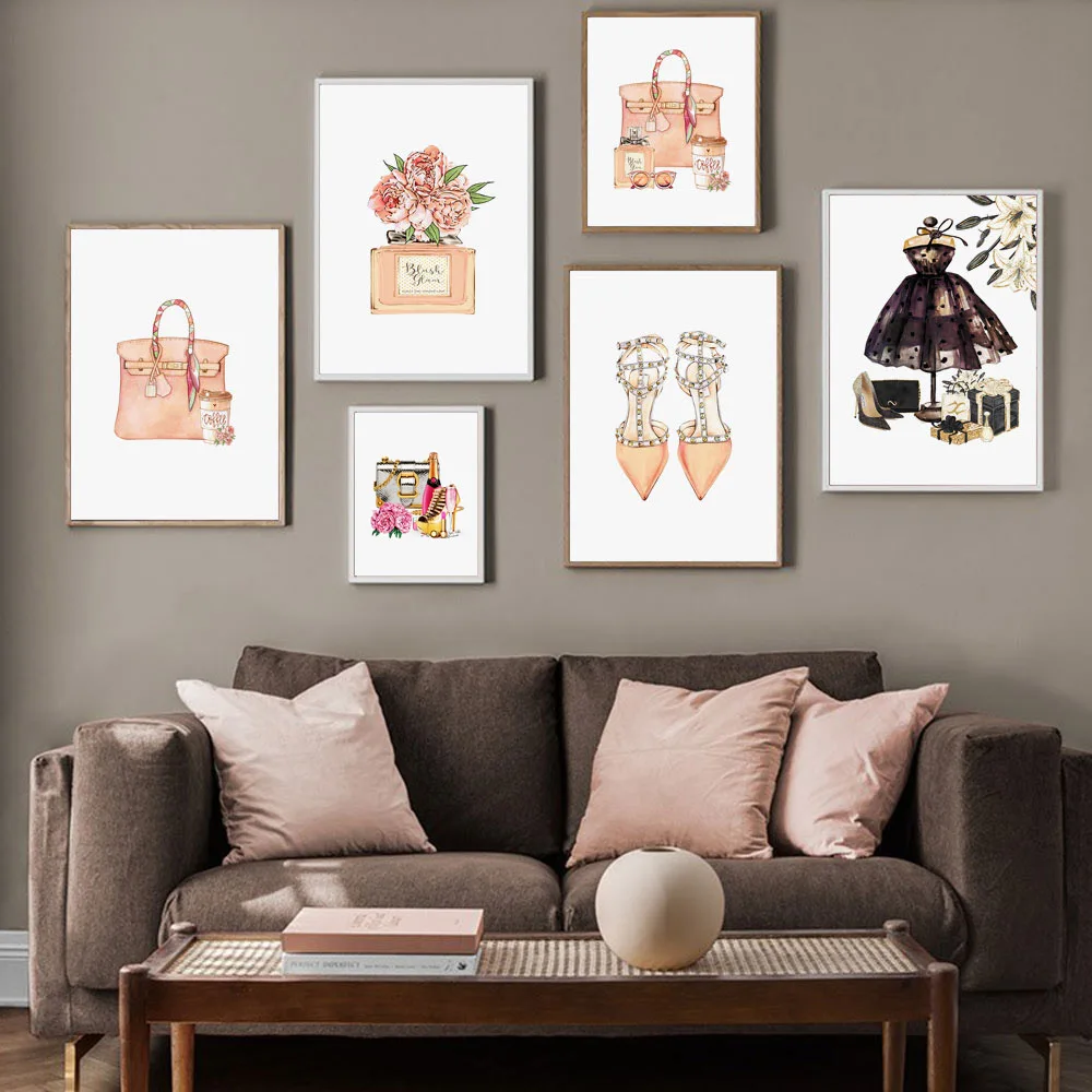

Fashion Paris Perfume High Heels Handbag Wall Art Canvas Painting Nordic Posters and Prints Wall Pictures for Living Room Decor