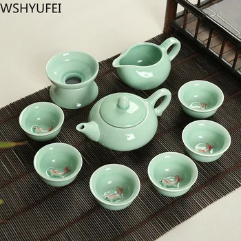 

Chinese Celadon Fish Tea Set Ceramic Tea Cup fish chinese tea pot drinkware for friend Gift Travel home tea set wine set