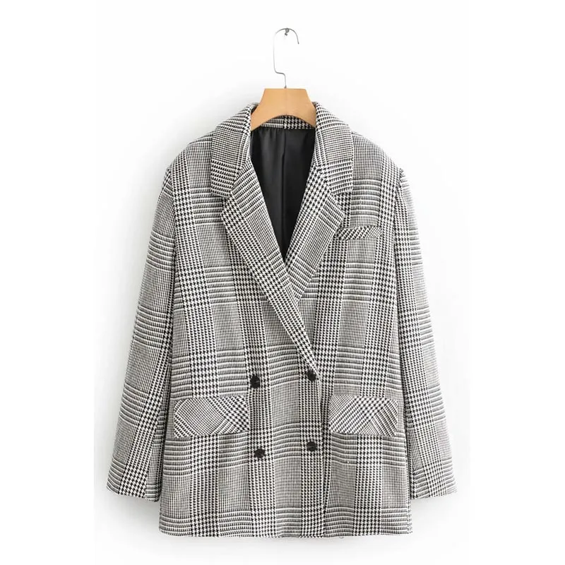 Серый WT908 European Design Double Breasted Houndstooth Plaid Long Sleeve Casual Blazer Streetwear - Цвет: Серый