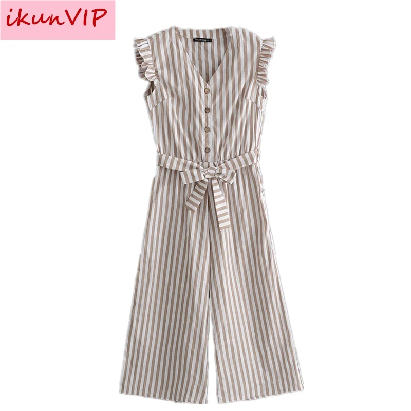 

2019 ZA women high street agaric lace striped print jumpsuits ladies v neck bow tied sashes wide leg pants casual rompers
