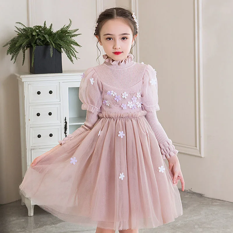 

2019 New Hot Autumn And Winter Girls Knitted Dress Sweater Tulle Western Sweet Lady Flower Lace Stitching Princess