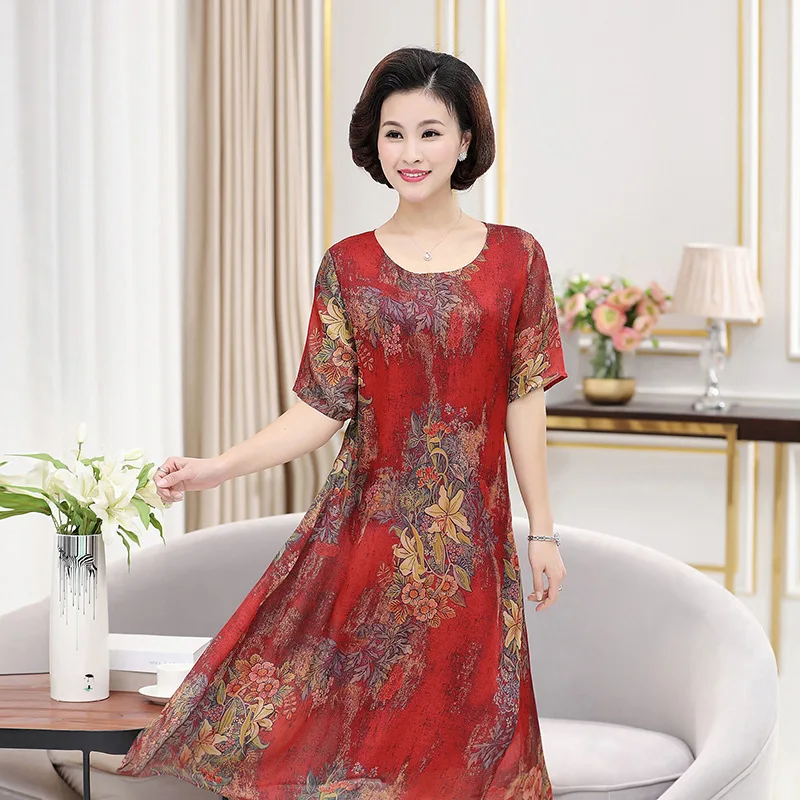 

Mom Summer Dress 40-Year-Old 50 Mid-length Waist Hugging Slimming Middle-aged Women Summer Short-sleeved Chiffon Skirt