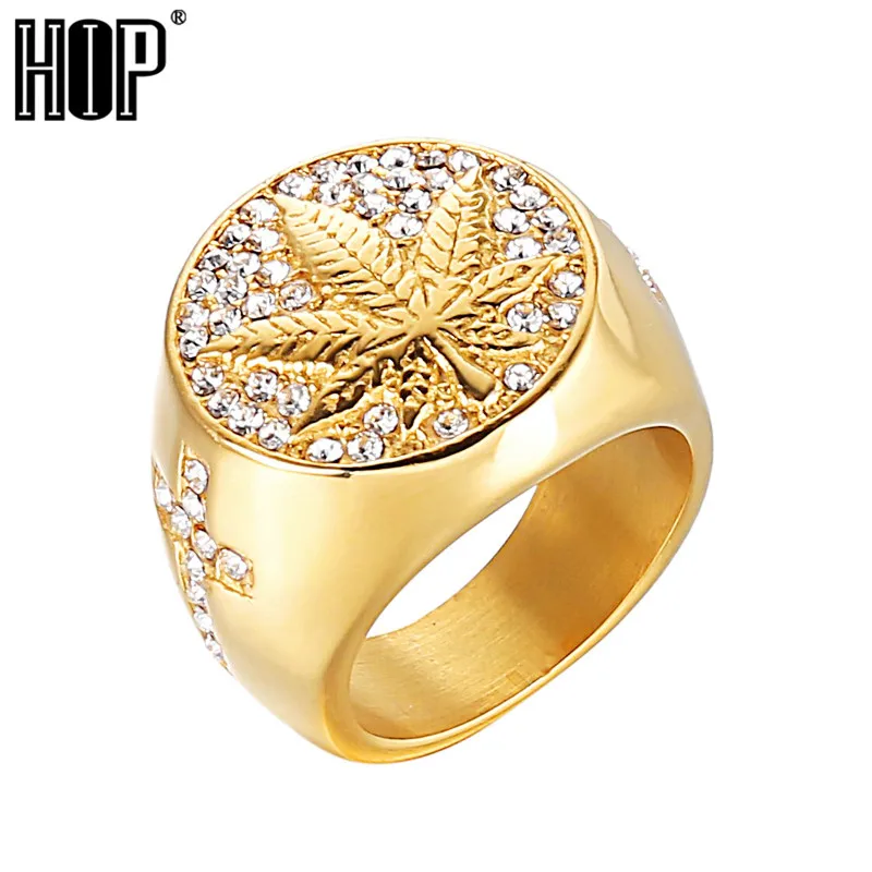 HIP Hop Micro Pave Rhinestone Iced Out Bling Weed Maple leaf Signets Ring IP Gold Filled Stainless Steel Rings for Men Jewelry | Украшения