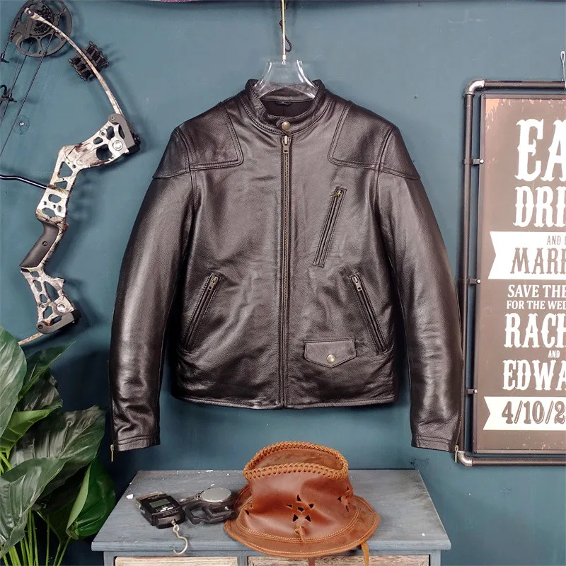 Free Shipping.sales Cheap Black Men Real Leather Jacket.classic Us