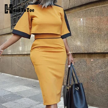 

Colorblock Short Sleeve Crop Top & Slinky Skirt Sets Women 2 Piece Outfits