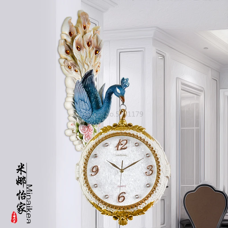 European Wall Clock Double-sided Watch Clock Living Room Clocks Creative Personality Peacock Decoration Artist with Silent Clock - Цвет: Прозрачный