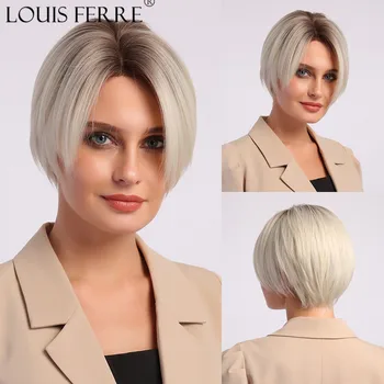 

LOUIS FERRE Cosplay Short Ombre Wig Brown White Light Blonde Synthetic Wig with Side Bangs Hairline Part Lace Wig for Women Afro