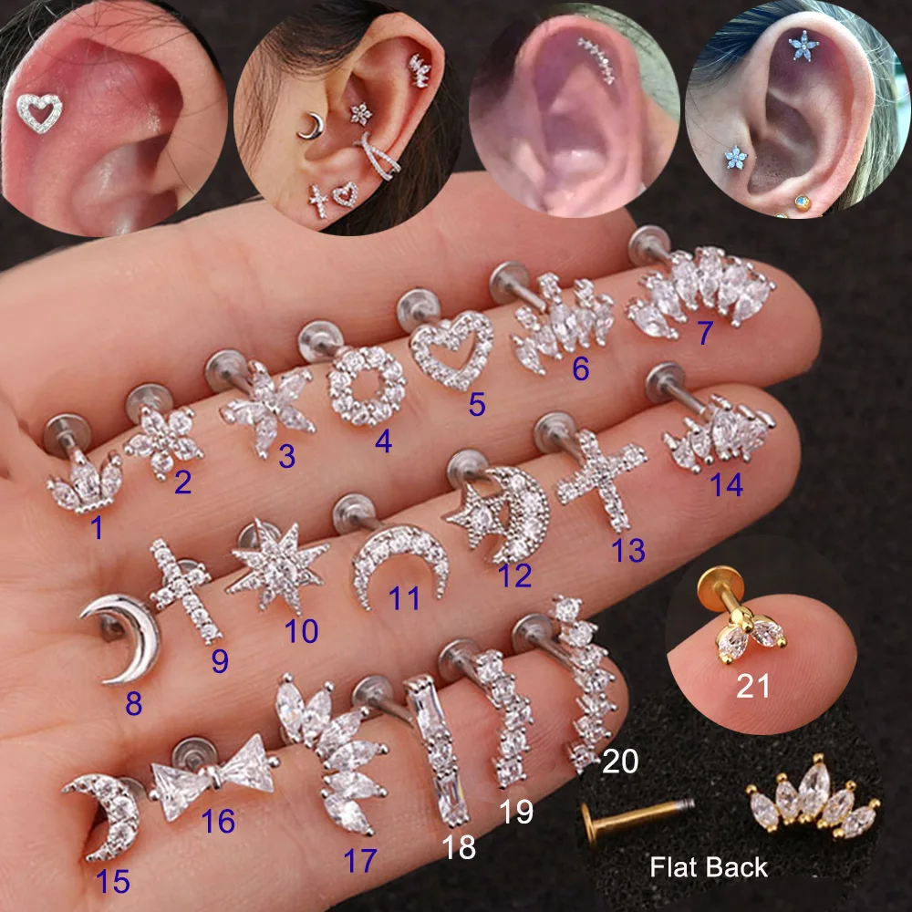1Pc Crystal Moon Labret Stud Lip Nose Ring Flat Helix Piercing Tragus Cartilagine Orecchini Lobo Piercing Rook Conch Ear Jewelry