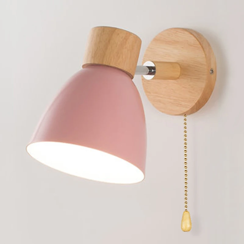 Wooden Nordic Wall Lamp With Switch Modern Wall Sconce For Bedroom Living Room Home Lighting Macaroon 6 Color Steering Head E27 bedside wall lamps Wall Lamps